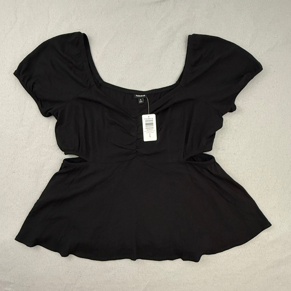 Torrid Babydoll Top Women Plus 0 Black Cutout Short Sleeve Rayon Slub Peplum